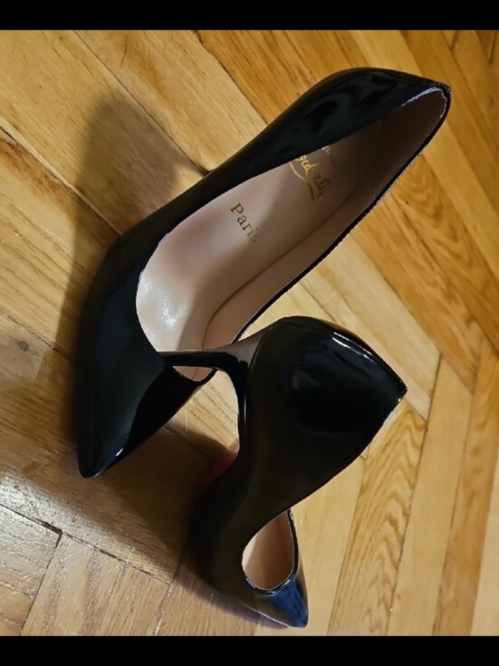 Christian Louboutin Black Patent Pointed Toe Pumps with Signature Red Soles
